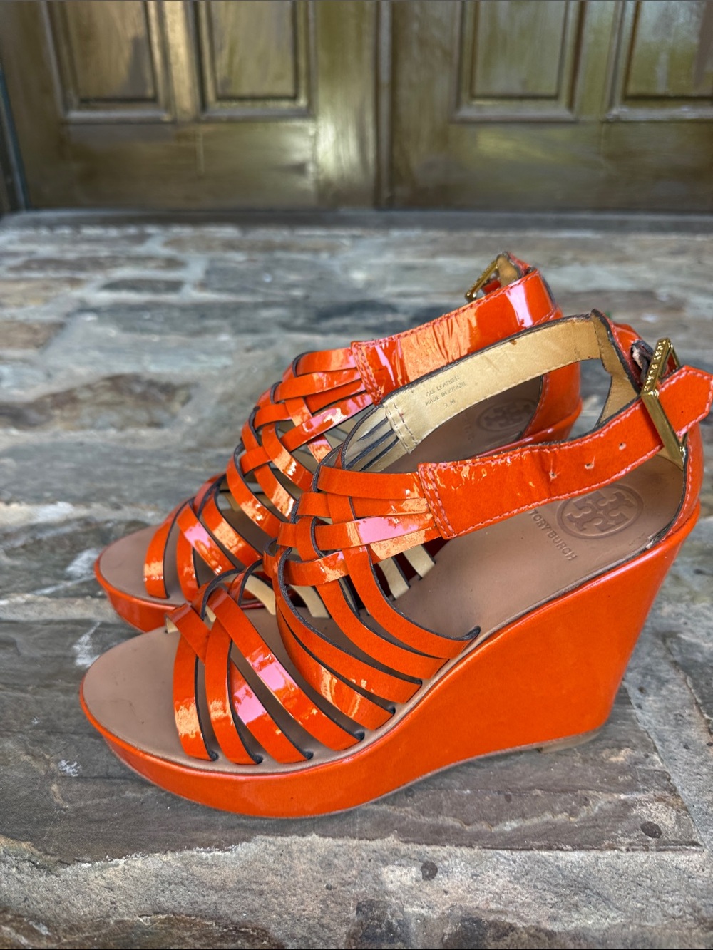 Tory Burch Bright Orange Patent Leather Strappy Wedge Sandals